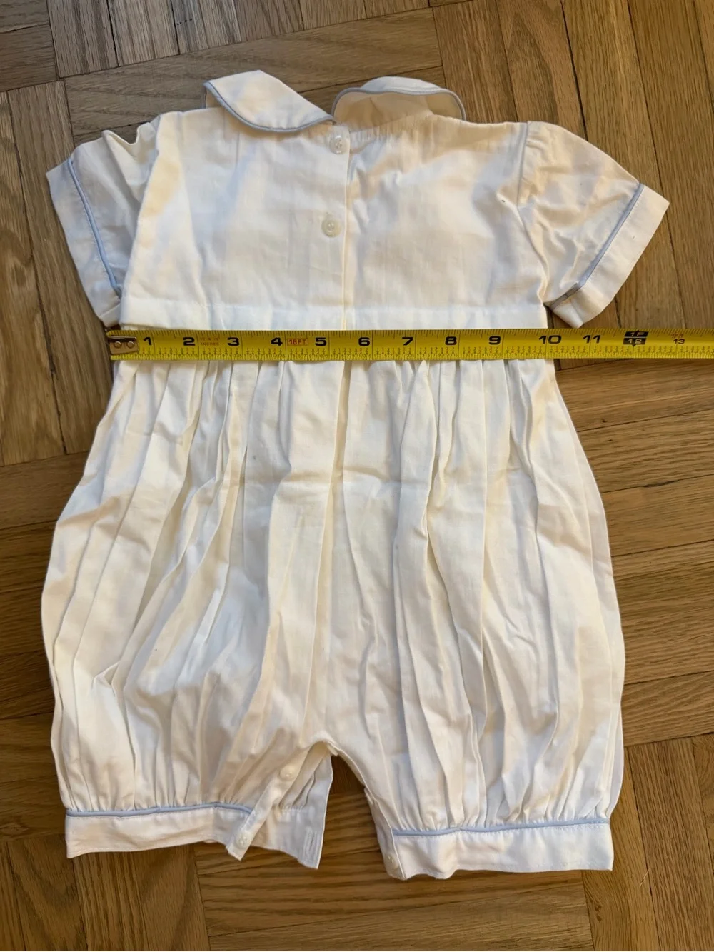 New White Baby Bubble Romper with Embroidered Blue Smocked Sailboats